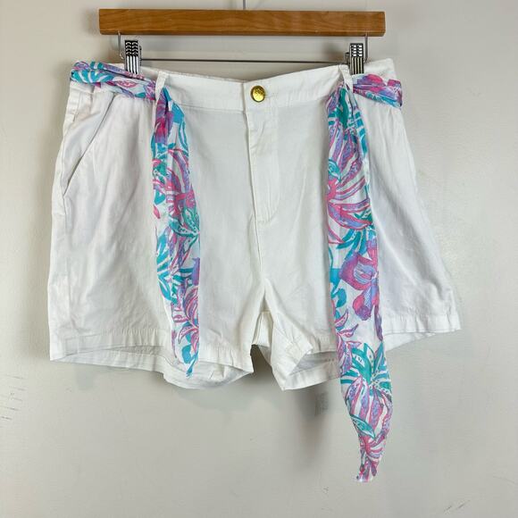Stella Parker White Shorts Pink Blue Scarf Tie Belted Waist 14 Golf Tennis - Picture 3 of 10